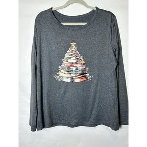 Women's Christmas Tree with Books Festive Holiday Long Sleeve Tee, Size XL